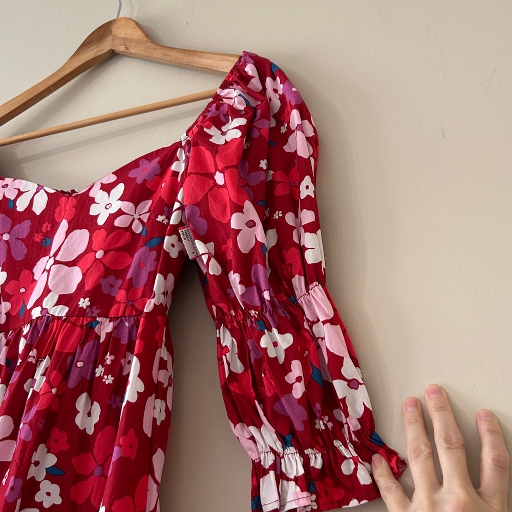 Fore Boho Red Floral Babydoll Dress Large Sweetheart Puff Sleeve 100% Cotton - Picture 3 of 9